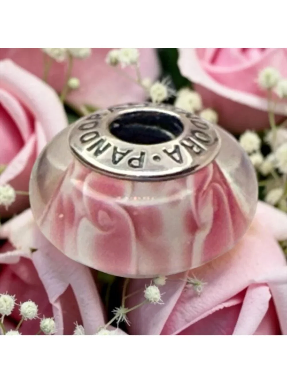 Pandora Retired Large Pink Blossoms Murano Glass Charm 790753 Sterling Silver